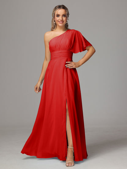 One Shoulder Chiffon Bridesmaid Dresses With Slit