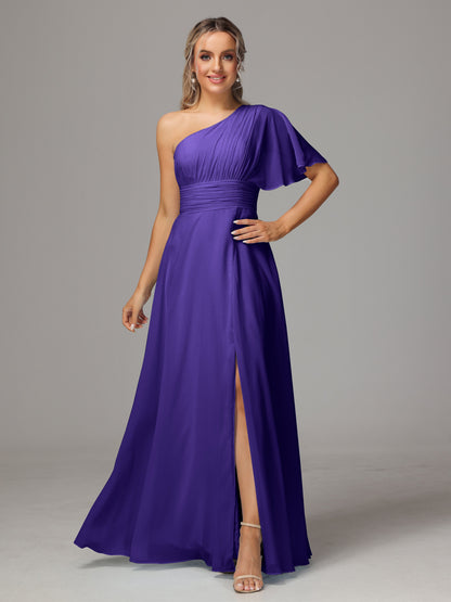 One Shoulder Chiffon Bridesmaid Dresses With Slit