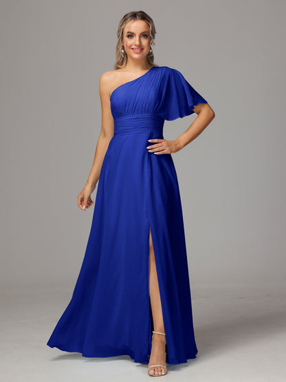 One Shoulder Chiffon Bridesmaid Dresses With Slit