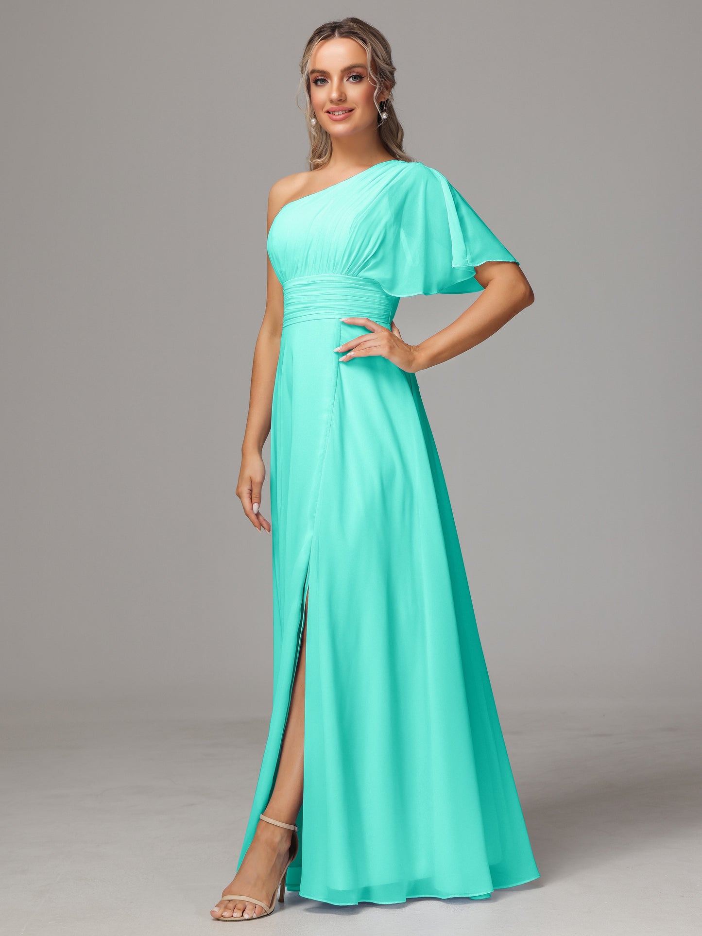 One Shoulder Chiffon Bridesmaid Dresses With Slit
