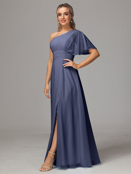 One Shoulder Chiffon Bridesmaid Dresses With Slit