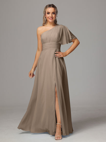 One Shoulder Chiffon Bridesmaid Dresses With Slit