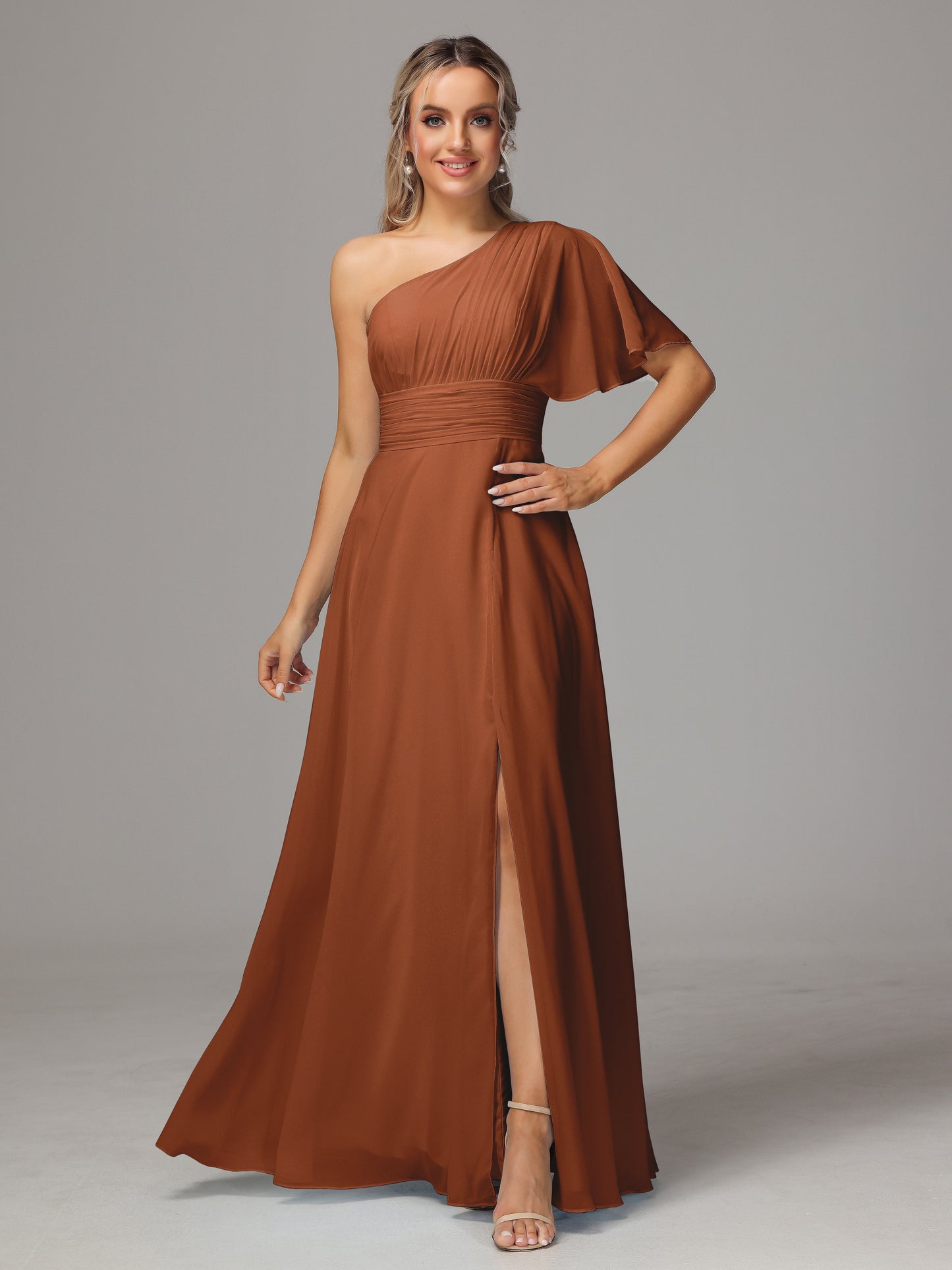 One Shoulder Chiffon Bridesmaid Dresses With Slit
