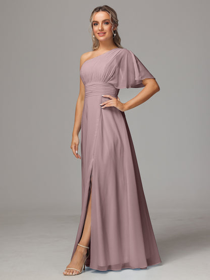 One Shoulder Chiffon Bridesmaid Dresses With Slit