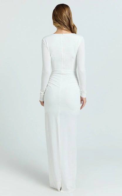 Dakota Maxi Dress - Long Sleeve V Neck Bodycon Dress in Cream