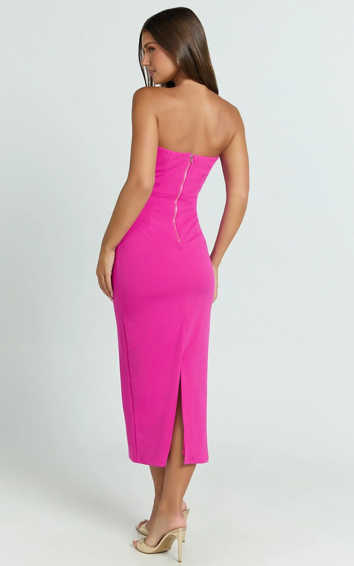 Calanthe Midi Dress - Strapless Tuck Detail Dress in Orchid