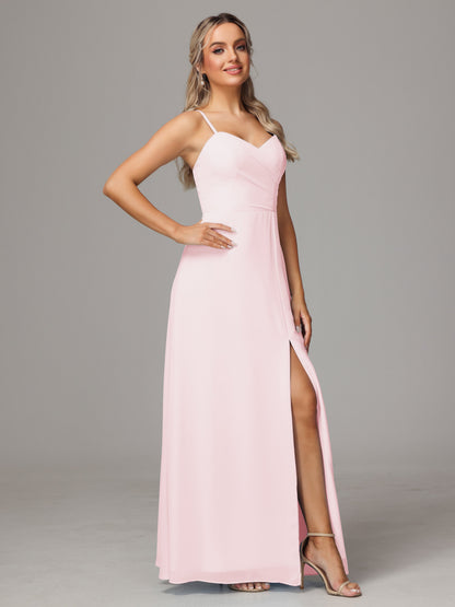 Spaghetti Straps Sweetheart Chiffon Bridesmaid Dress With Slit