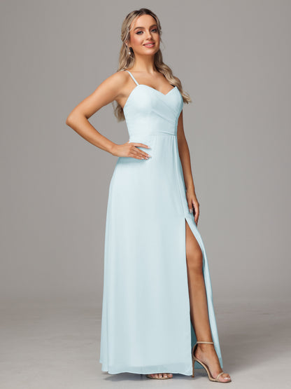 Spaghetti Straps Sweetheart Chiffon Bridesmaid Dress With Slit