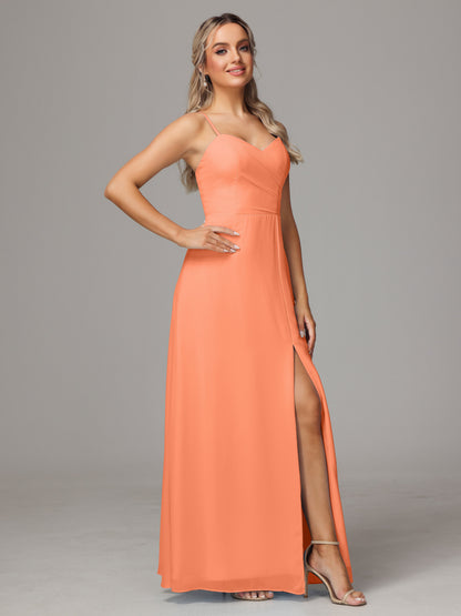 Spaghetti Straps Sweetheart Chiffon Bridesmaid Dress With Slit