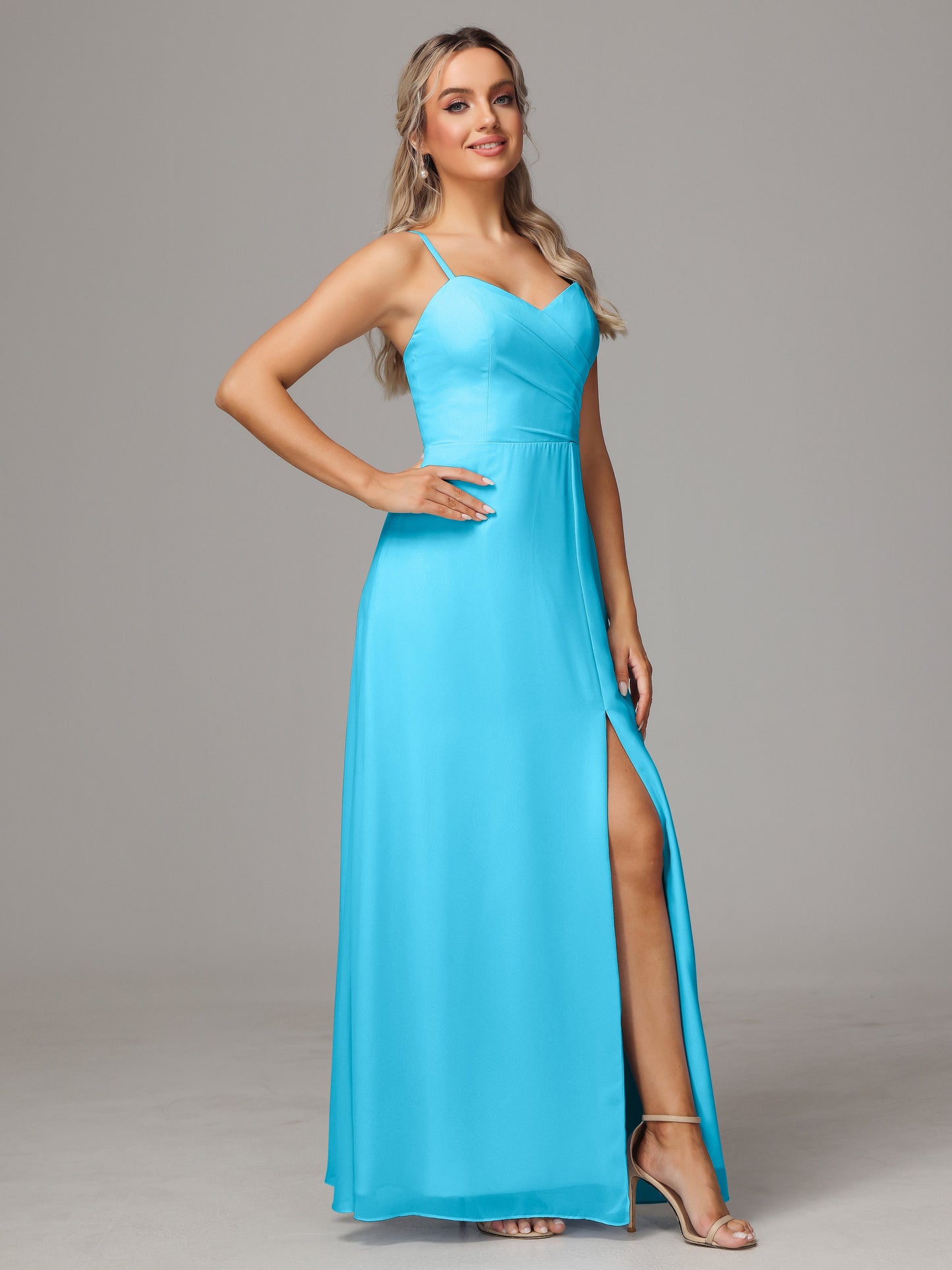 Spaghetti Straps Sweetheart Chiffon Bridesmaid Dress With Slit