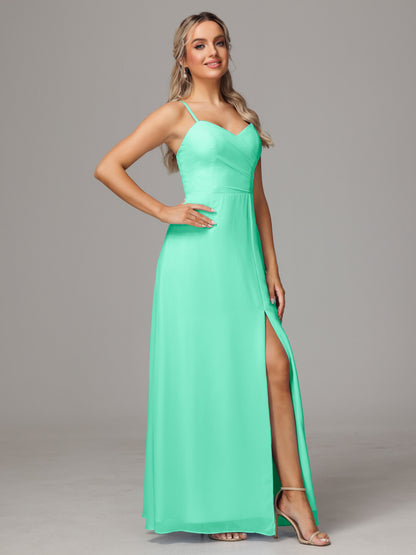Spaghetti Straps Sweetheart Chiffon Bridesmaid Dress With Slit