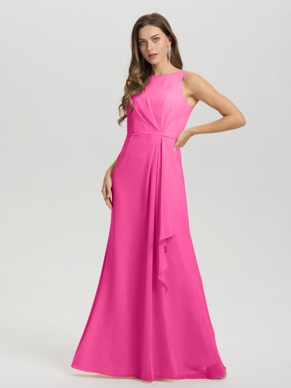 Boat Neck Sleeveless Ruffles Key Hole Back Chiffon Bridesmaid Dress