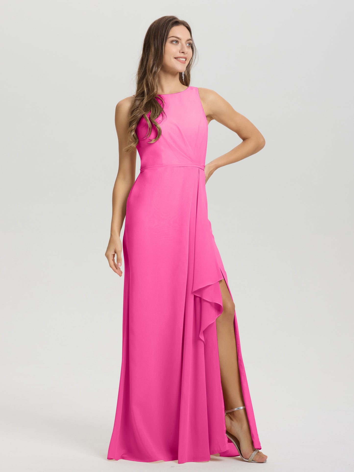 Boat Neck Sleeveless Ruffles Key Hole Back Chiffon Bridesmaid Dress