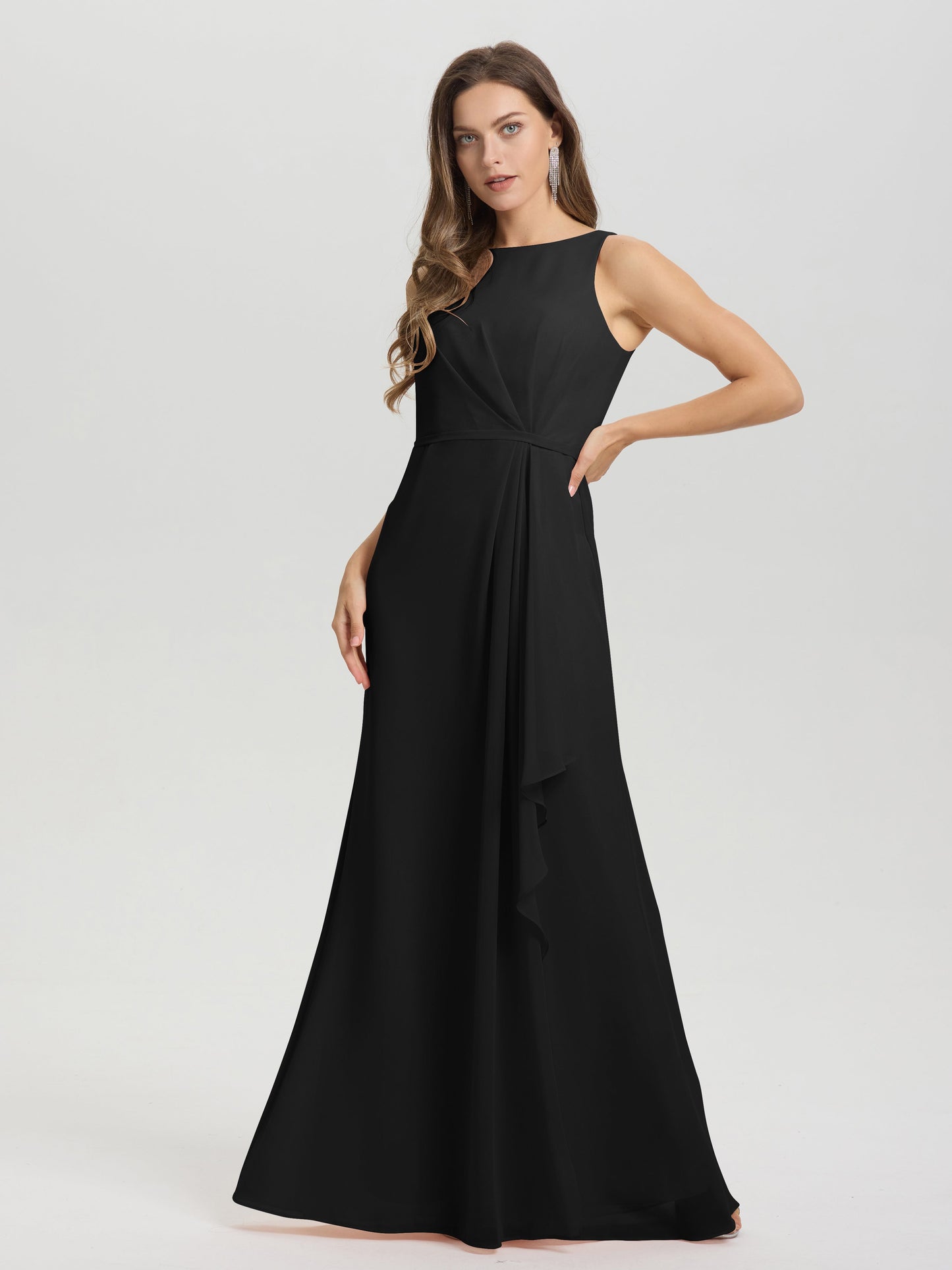 Boat Neck Sleeveless Ruffles Key Hole Back Chiffon Bridesmaid Dress