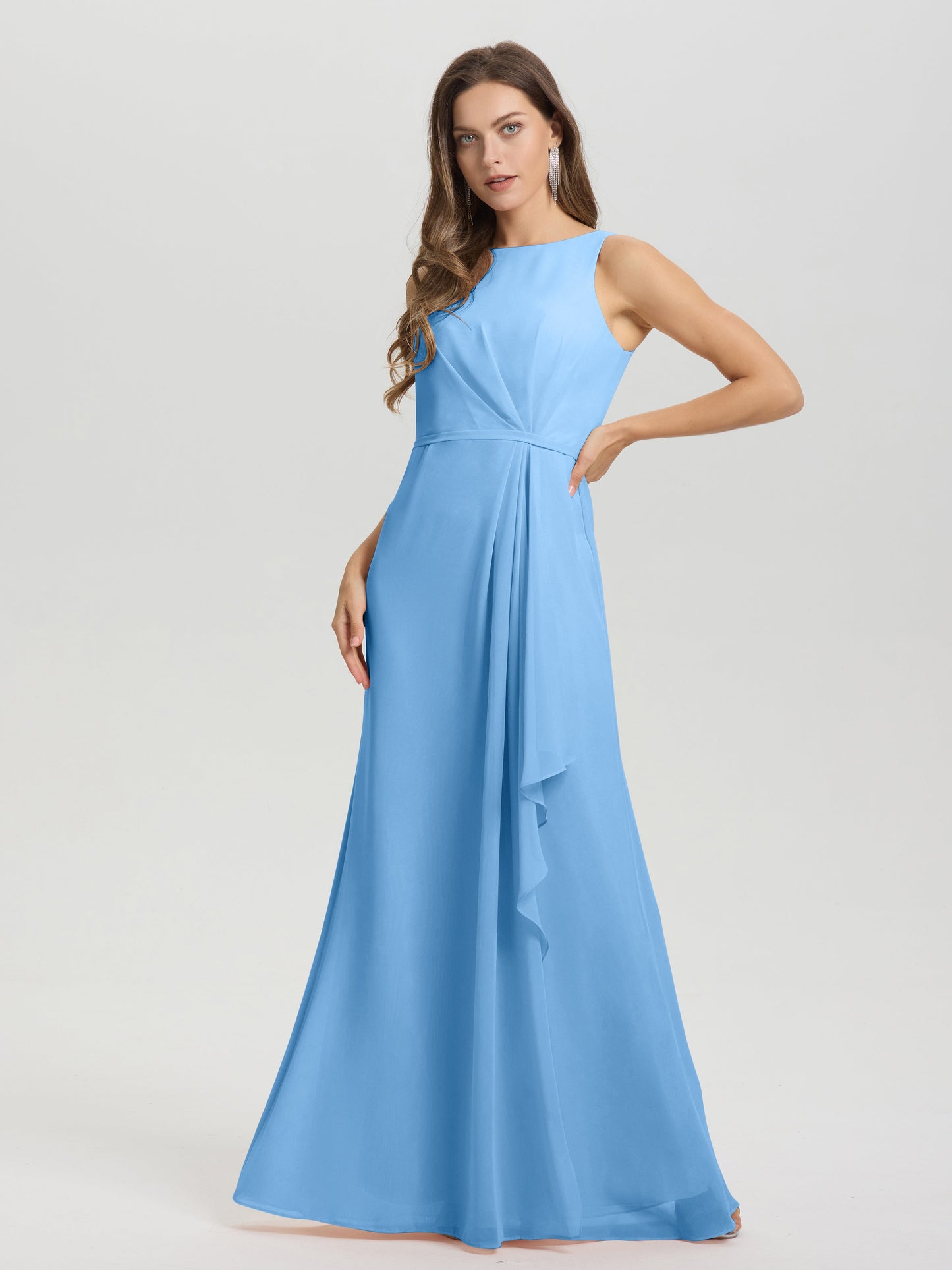 Boat Neck Sleeveless Ruffles Key Hole Back Chiffon Bridesmaid Dress