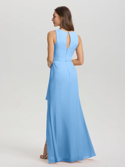 Boat Neck Sleeveless Ruffles Key Hole Back Chiffon Bridesmaid Dress