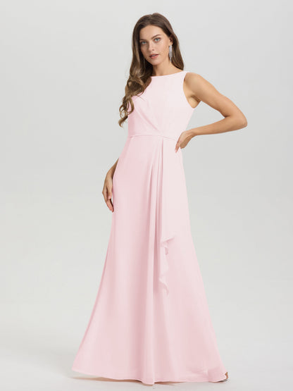 Boat Neck Sleeveless Ruffles Key Hole Back Chiffon Bridesmaid Dress