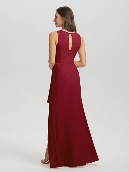 Boat Neck Sleeveless Ruffles Key Hole Back Chiffon Bridesmaid Dress