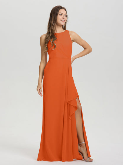 Boat Neck Sleeveless Ruffles Key Hole Back Chiffon Bridesmaid Dress