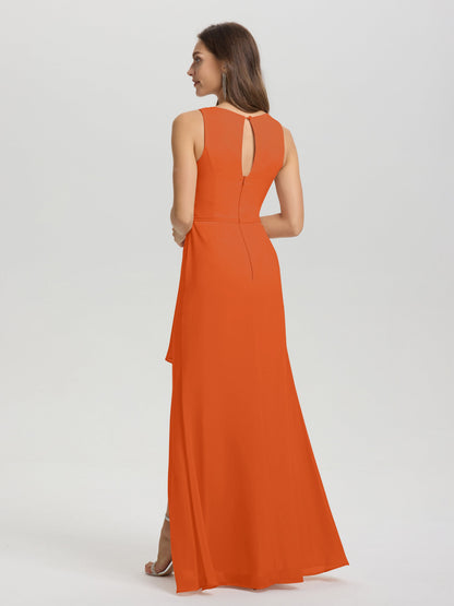 Boat Neck Sleeveless Ruffles Key Hole Back Chiffon Bridesmaid Dress