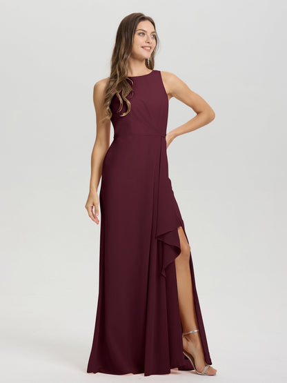 Boat Neck Sleeveless Ruffles Key Hole Back Chiffon Bridesmaid Dress