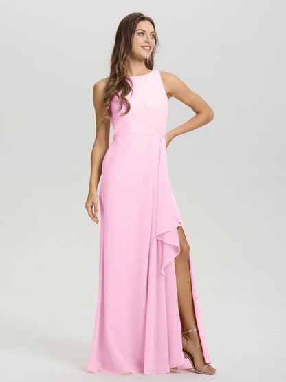 Boat Neck Sleeveless Ruffles Key Hole Back Chiffon Bridesmaid Dress
