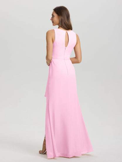 Boat Neck Sleeveless Ruffles Key Hole Back Chiffon Bridesmaid Dress