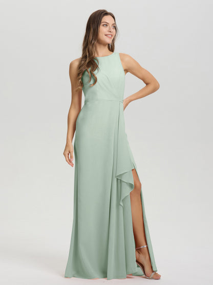 Boat Neck Sleeveless Ruffles Key Hole Back Chiffon Bridesmaid Dress
