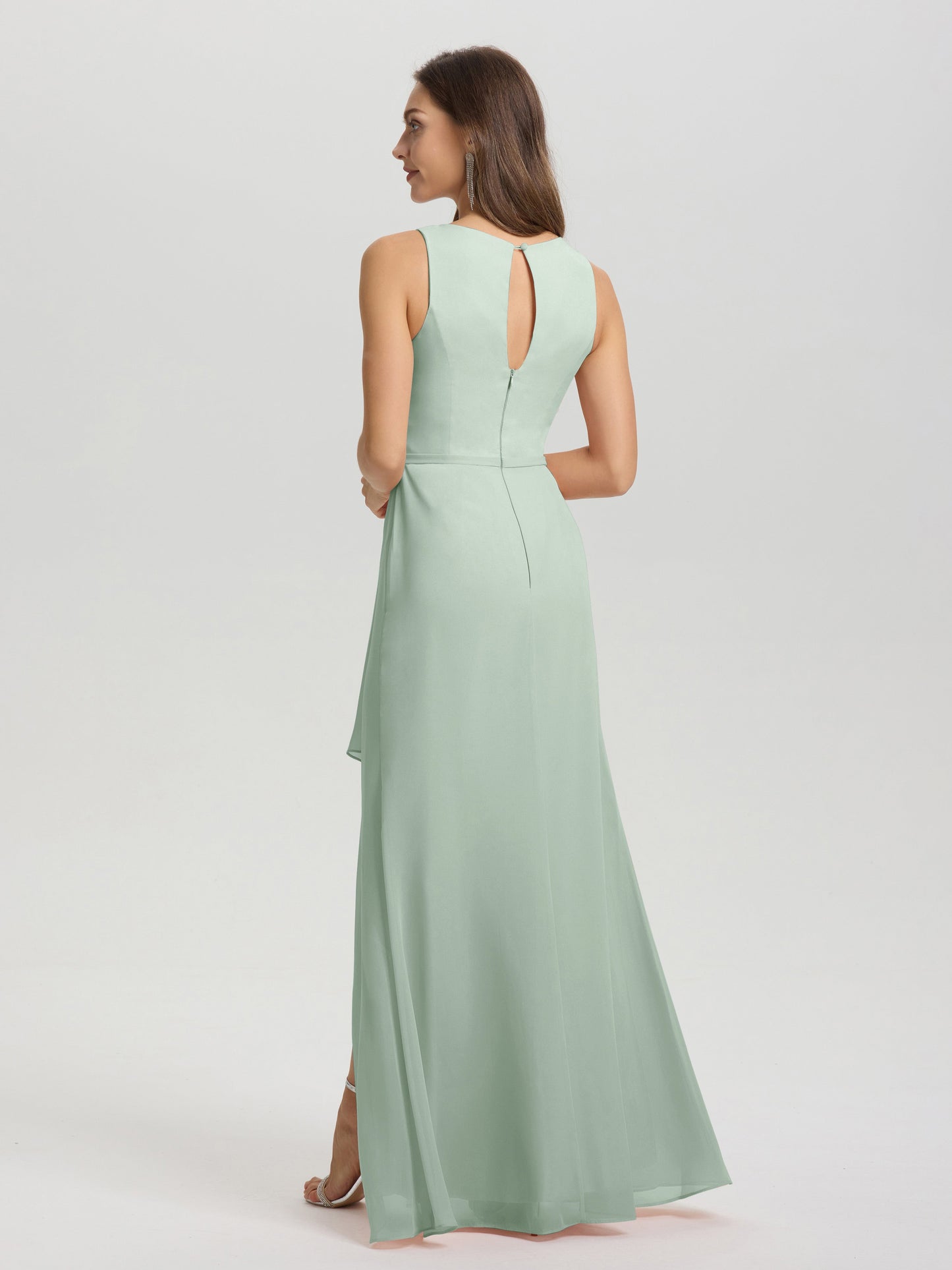 Boat Neck Sleeveless Ruffles Key Hole Back Chiffon Bridesmaid Dress
