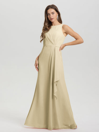 Boat Neck Sleeveless Ruffles Key Hole Back Chiffon Bridesmaid Dress