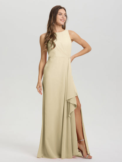 Boat Neck Sleeveless Ruffles Key Hole Back Chiffon Bridesmaid Dress