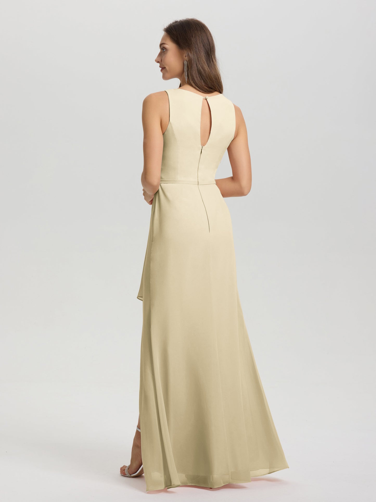 Boat Neck Sleeveless Ruffles Key Hole Back Chiffon Bridesmaid Dress