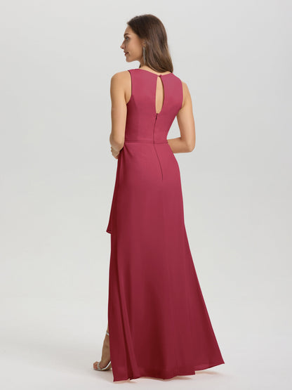 Boat Neck Sleeveless Ruffles Key Hole Back Chiffon Bridesmaid Dress