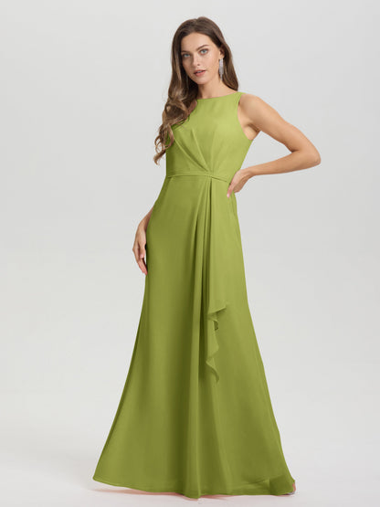 Boat Neck Sleeveless Ruffles Key Hole Back Chiffon Bridesmaid Dress