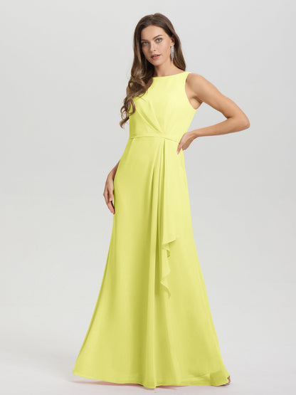 Boat Neck Sleeveless Ruffles Key Hole Back Chiffon Bridesmaid Dress
