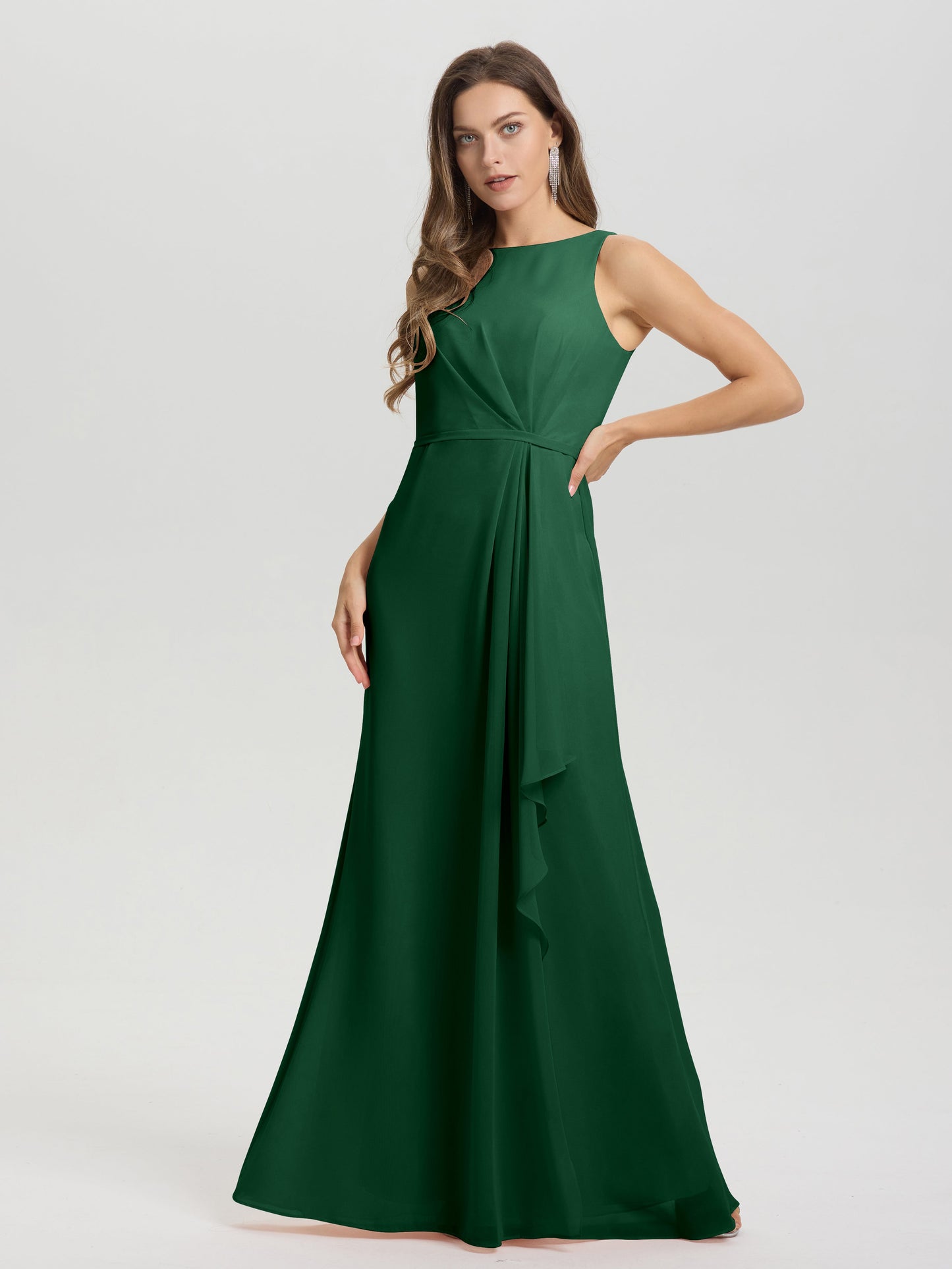 Boat Neck Sleeveless Ruffles Key Hole Back Chiffon Bridesmaid Dress