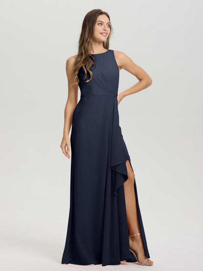 Boat Neck Sleeveless Ruffles Key Hole Back Chiffon Bridesmaid Dress