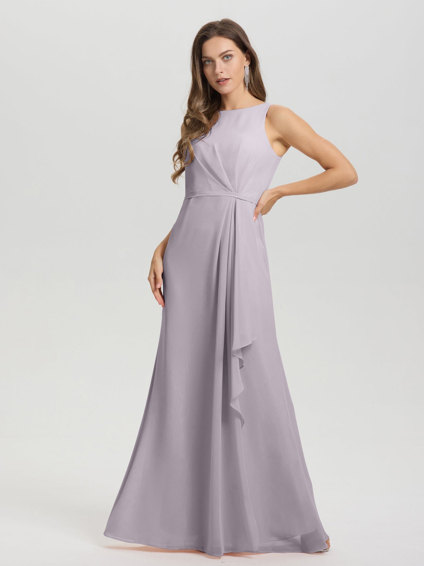 Boat Neck Sleeveless Ruffles Key Hole Back Chiffon Bridesmaid Dress