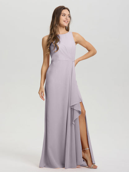 Boat Neck Sleeveless Ruffles Key Hole Back Chiffon Bridesmaid Dress