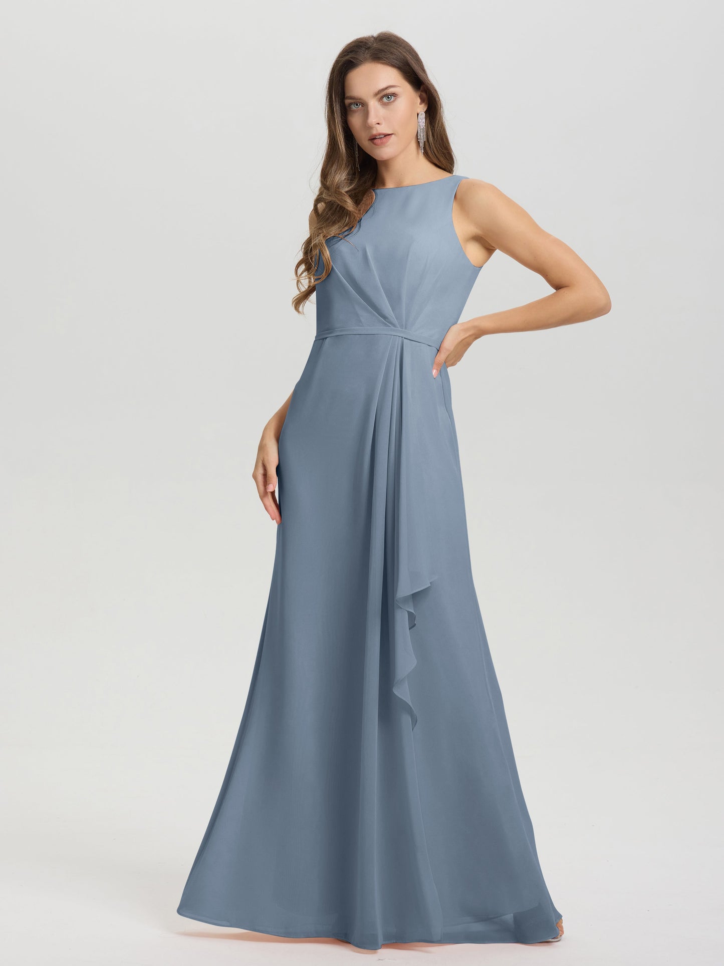 Boat Neck Sleeveless Ruffles Key Hole Back Chiffon Bridesmaid Dress