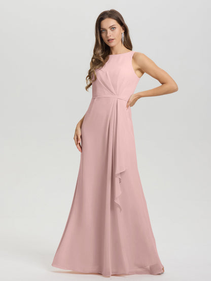 Boat Neck Sleeveless Ruffles Key Hole Back Chiffon Bridesmaid Dress