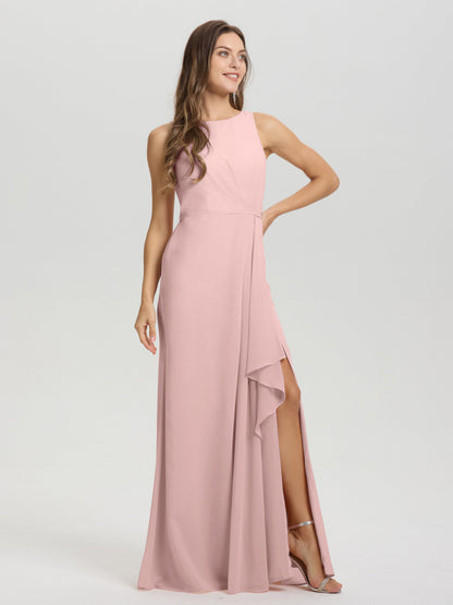 Boat Neck Sleeveless Ruffles Key Hole Back Chiffon Bridesmaid Dress