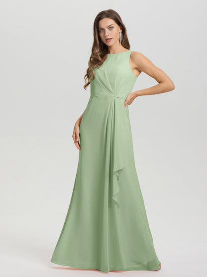 Boat Neck Sleeveless Ruffles Key Hole Back Chiffon Bridesmaid Dress