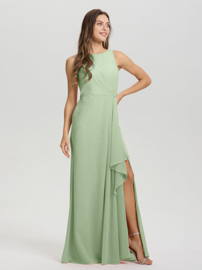 Boat Neck Sleeveless Ruffles Key Hole Back Chiffon Bridesmaid Dress