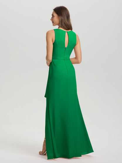 Boat Neck Sleeveless Ruffles Key Hole Back Chiffon Bridesmaid Dress