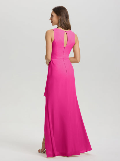 Boat Neck Sleeveless Ruffles Key Hole Back Chiffon Bridesmaid Dress