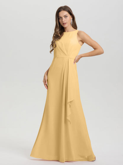 Boat Neck Sleeveless Ruffles Key Hole Back Chiffon Bridesmaid Dress