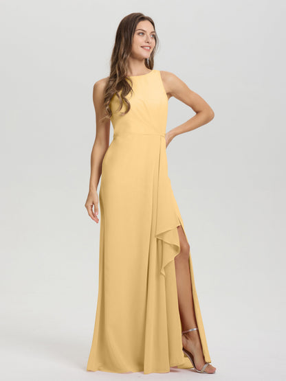 Boat Neck Sleeveless Ruffles Key Hole Back Chiffon Bridesmaid Dress