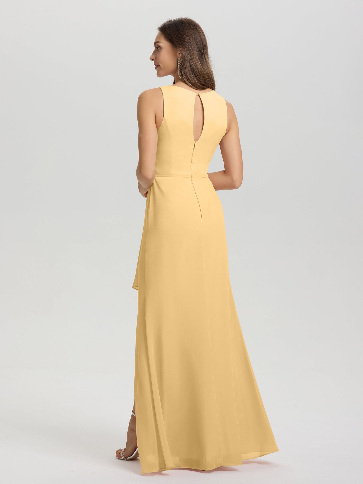 Boat Neck Sleeveless Ruffles Key Hole Back Chiffon Bridesmaid Dress