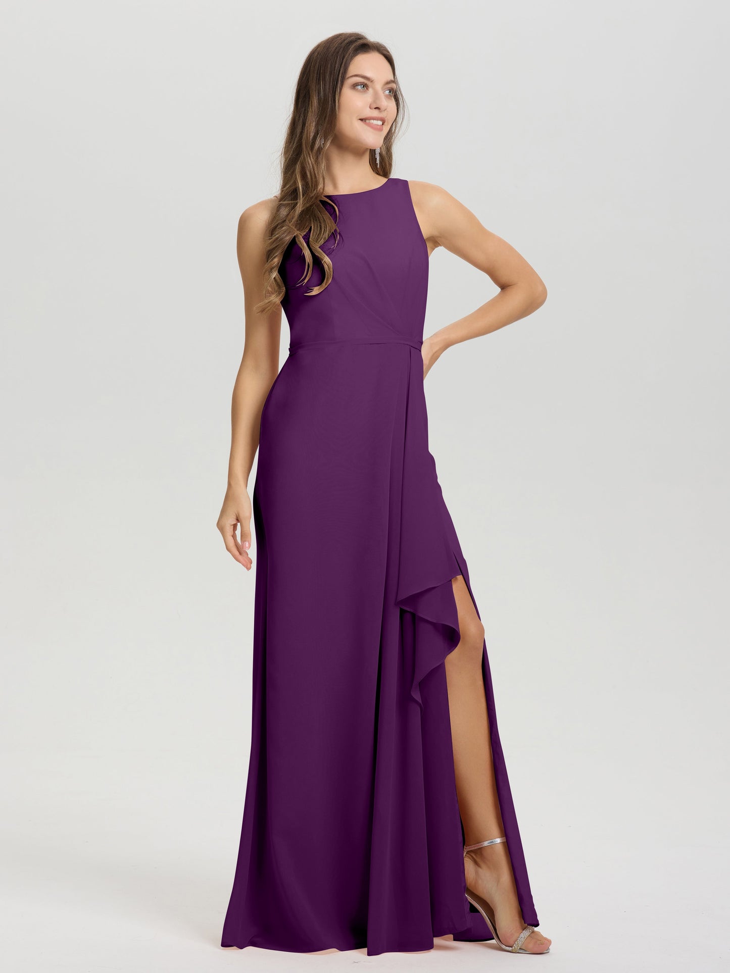Boat Neck Sleeveless Ruffles Key Hole Back Chiffon Bridesmaid Dress